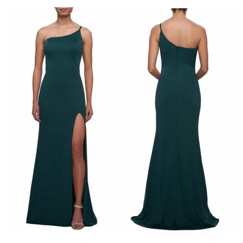 La Femme Emerald Green One-Shoulder Side Slit Jersey Gown